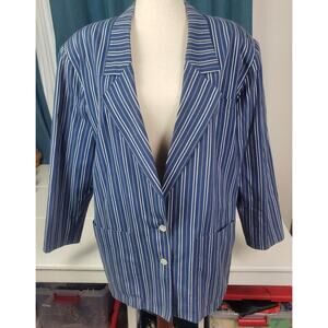 Striped 100% Cotton Vintage Liz Claiborne Blazer Size 14 Pockets Buttons Preppy